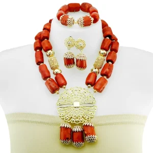 Red Coral Bead Jewelry Set Handmade Square Tube Bead Necklace and Earrings Set Suitable for Wedding Parties YL233