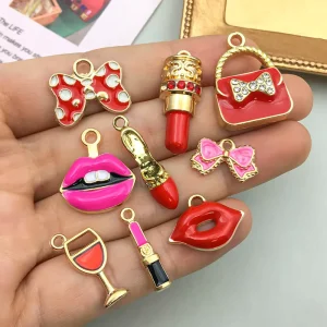 Red Enamel Charm Accessories for Making Handmade DIY Jewelry Findings Bulk Fashion Lip Lipstick Mouth Wing Pendant