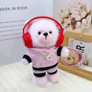 Red Headphones Hoodie Teddy Bear Casual Sports Style Pink Plush Toy Clothing