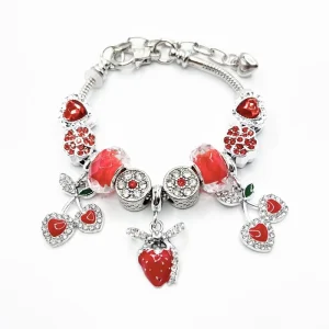 Red Heart Cherry Strawberry Bow Beaded Bracelet Sweet Charm Cuff Fashion Jewelry Live Selling
