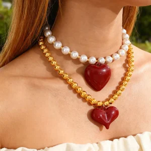 Red Heart Pendant Necklace with Pearl or Gold Bead Chain Adjustable 40+10cm Fashion Jewelry for Women