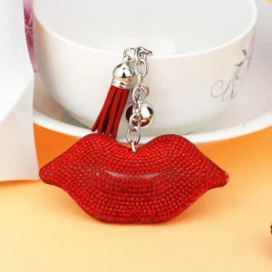 Red Lip Style Keychain Hot-fix Rhinestones Stylish Accessory Charm with Tassels for Bags