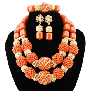 Red Nigerian Bead Necklace Earring Set Traditional African Bridal Jewelry