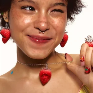 Red Pink Strawberry Necklace Sweet Fruit Series Pendant Choker Earrings Ring Women Fashion Jewelry