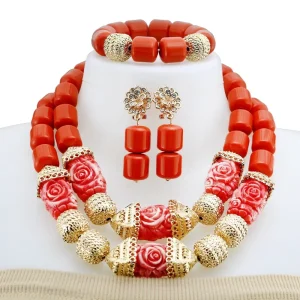 Red Rose Carved Beaded Jewelry Set Nigerian Bridal Coral Necklace Earrings Set for Wedding Party YL1016