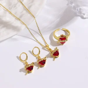 Red Rose Shimmering Heart Shaped Zirconia Pendant Necklace Set Gold Plated Copper Earrings Jewelry Set