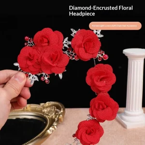 Red Rose Soft Chain Headdress Red Beads Decorated Bridal Hair Accessories Wedding Dress Styling Hair Accessories