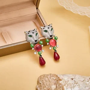 Red Water Drop Leopard Head Pendant Earrings Enamel 5A Grade Zircon Neutral Style Luxury Jewelry for Both Men and Women