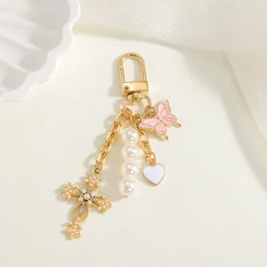 Religion Cross Keychain Butterfly Pearl Charm Crystal Cross Bag Hanging Decoration Bag Charm for Girls Women