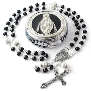 Religious Glass Pearl Prayer Beads Miraculous Rosary Necklace with Metal Catholicism Gift Box