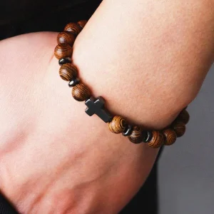 Religious Style Cross Shaped Chicken Wing Wood Beaded Bracelets Bible Charm Fashion Accessories