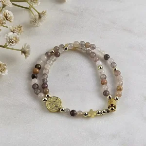 Religious Violet Stone Magnetic Clasp St. Benedict Medal Charm Full Rosary Bracelet for First Communion Gift