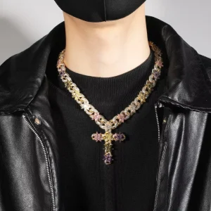 Religious Zircon Hip Hop Gold Plated Colorful Christian Brass Ice Flower Cross Pendant Link Chain Necklace Unisex Men