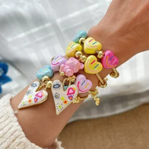 Resin Bear Heart Copper Beaded Bracelet Handmade Charm Bangle with Resin Heart Design China