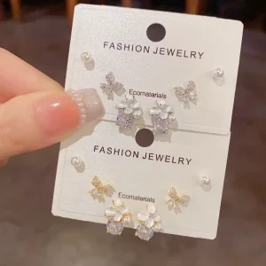 Resoul 18K Gold Plated Cubic Zirconia Butterfly Pearl Stud Earrings 3pcs Earring Set Fashion Jewelry