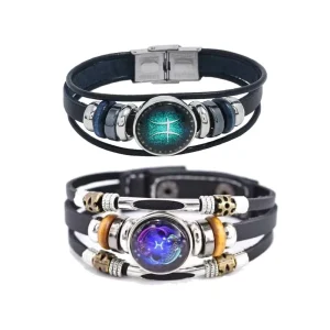 Resoul Luminous Zodiac Sign Bracelet Vintage Men’s Leather Alloy Bracelet Braided Glow Bracelets Boys Jewelry