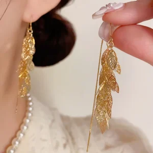 Resoul S925 Silver Needle 14K Gold Plated Earrings Fashion Jewelry Long Leaf Tassel Dangle Earring for Women Non Tarnish