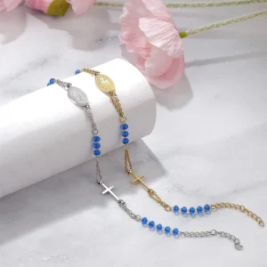 Resoul Stainless Steel Virgin Mary Cross Bracelet Crystal Pearl Beaded Charm Bracelet Everyday Jewelry Gifts for Women