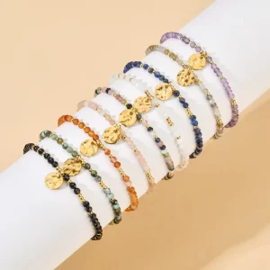 Retro 18K Gold Plated Natural Moonstone Turquoise Fashionable Stainless Steel Coin Charm Beaded Bracelet for Women Hand Chain