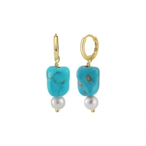 Retro 925 Sterling Silver Green Turquoise Pearl Hoop Dangle Earrings For Woman Holiday