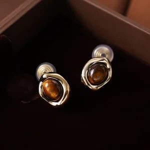 Retro Amber Stone Mosquito Coil Ear Clips Warm Tone Bezel Setting Non Pierced Clip on Earrings