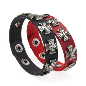 Retro Antique Silver Cross PU Leather Wristband for Men Punk Hip hop Fashion Bracelets Jewelry