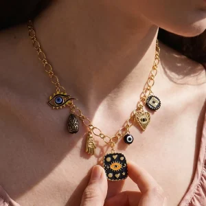 Retro Black Gold Plated Necklace with Multiple Pendants Heart shaped Oil Drop Design Link Chain Jewelry for Women