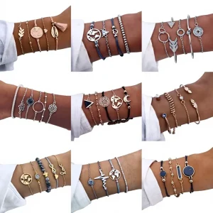 Retro Bohemian Chain Bracelet Flower Heart Shell Star Moon Bow Map Crystal Bead Bangle for Women Charm Jewelry