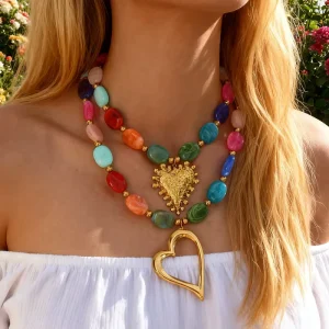 Retro Bohemian Colorful Resin Beads Choker Necklace Vintage Gold Hollow Heart Collar Bone Chain