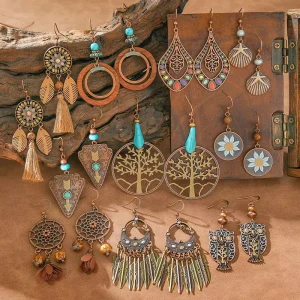 Retro Bohemian National Style Flower Turquoise Hollow Tassel Dangle Pendant Earrings Fashion Vacation Unisex