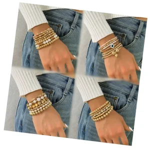Retro Boho Gemstone Eye Charm Bead Bracelet Crystal Stone Beaded Stretch Bangle Set for Women Jewelry