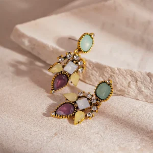 Retro Color Block Plastic Resin Rhinestone Geometric Silver Stud Earrings European American Style Fashionable Light Luxury Niche