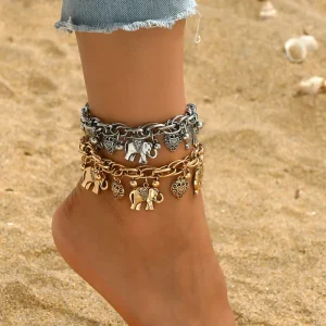Retro Elephant Charm Anklet Featuring Designs Crescent All in an Antique Silvery Style N2604266
