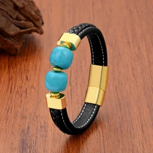 Retro Ethnic Leather Braided Bracelet for Men Women Stainless Steel Magnetic Clasp Geometric Stone Beads Wristband Jewelry