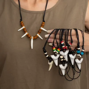 Retro Ethnic Style Alloy Bamboo Necklace Featuring Faux Wolf Tooth Shark Tooth Pendants Tibetan Tribal Inspired Pendant