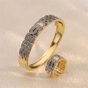 Retro Fashion Copper Jewelry 18K Gold Plated Two Tone Cubic Zircon Women’s Party Gift Stackable Hand Bangle
