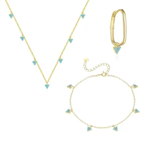 Retro Fashion Fine Jewelry Sets 925 Sterling Silver Turquoise Triangle Charms Necklace Bracelets Hoop Earrings for Women