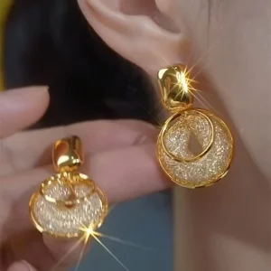 Retro Fashion Gold Wire Mesh Round Crystal Circle Drop Earrings Women Sparkling Hoop Earrings for Party Wedding Jewelry