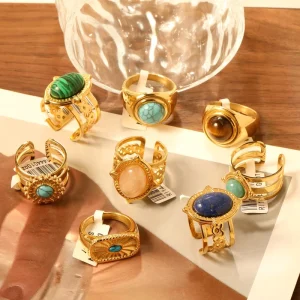 Retro Fashion Jewelry Rings Chunky Waterproof 18K Gold Plated Stainless Steel Turquoise Opal Tiger Eye Stone Natural Stone Rings