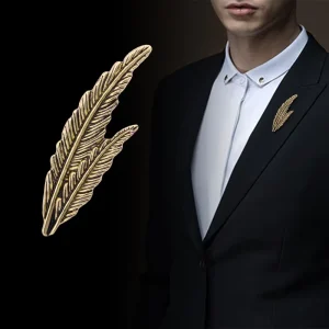 Retro Feather Brooch Men Leaf Shape Lapel Pin Joker Trendy Coat Suit Corsage