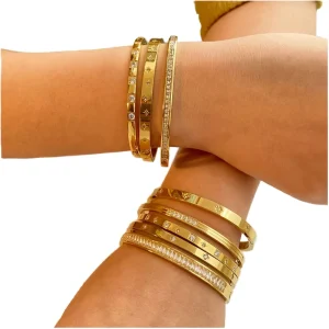 Retro Flower Geometric Female Cuff Bracelet Waterproof Titanium Steel with Hexagon Zircon North Star Inspired Bangle