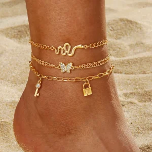 Retro Gold Color Lock Pendant Zircon Butterfly Anklet Set for Women Jewelry