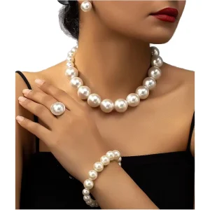 Retro Gold Plated Brass Big Pearl Beads French Style Five Piece Pearl Jewelry Set for Women