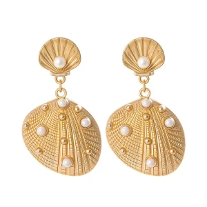 Retro Gold Shell Pearl Earrings Seaside Vacation Style Light Luxury High-end Earrings Women’s Earrings