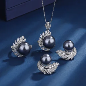 Retro Gray Pearl Jewelry Set Copper Gold Plated Necklace Ring & Earrings for Women Daily Clothing Silver Material