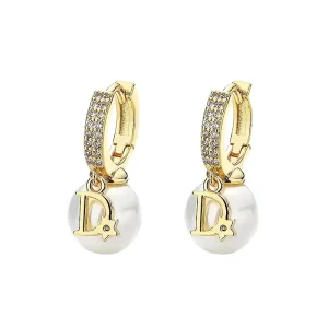 Retro Imitation Pearl Gold Drop Earrings Micro Inlaid Crystal Letter Luxury Elegant Party Accessories Women