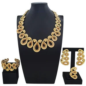 Retro Infinity Gold Plated Textured Chain Jewelry Set Women Necklace Earrings Bracelet Ring Daily Wear Jewelry I0100