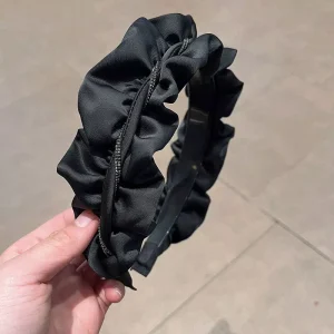 Retro Luxe Satin Headband for Women Black Crystal Bow with Ruched Design High Crown Hair Hoop to Slim Face