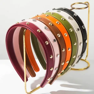 Retro Maillard Color Series PU Leather Button Nails Thin-edge Headband Light Luxury Simple Hair Accessory for Women