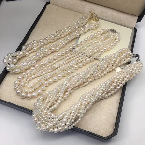 Retro Multi layer Natural Freshwater Pearl Necklace with Alloy Chain for Business Occasions